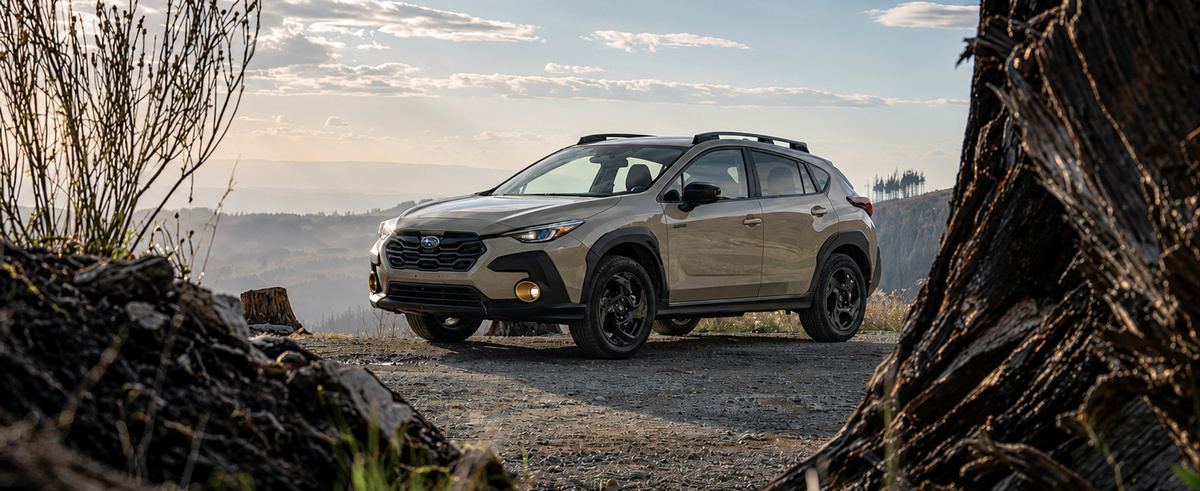 A Subaru Crosstrek parked on a ridge at golden hour, one of the models that turns up used and Certified Pre-Owned at Dalton Subaru National City